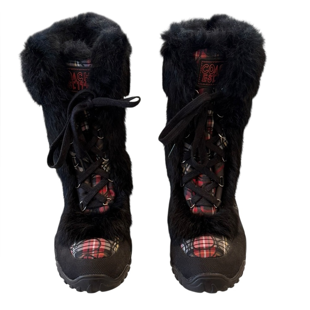 COACH Jennie Tartan Plaid Rabbit Fur Trim Lace Up Winter Snow Boots Size 9 - Picture 4 of 9